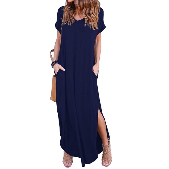 •LAST 3• Navy Short Sleeve Slit Sides Pocket Maxi - Picture 2 of 6